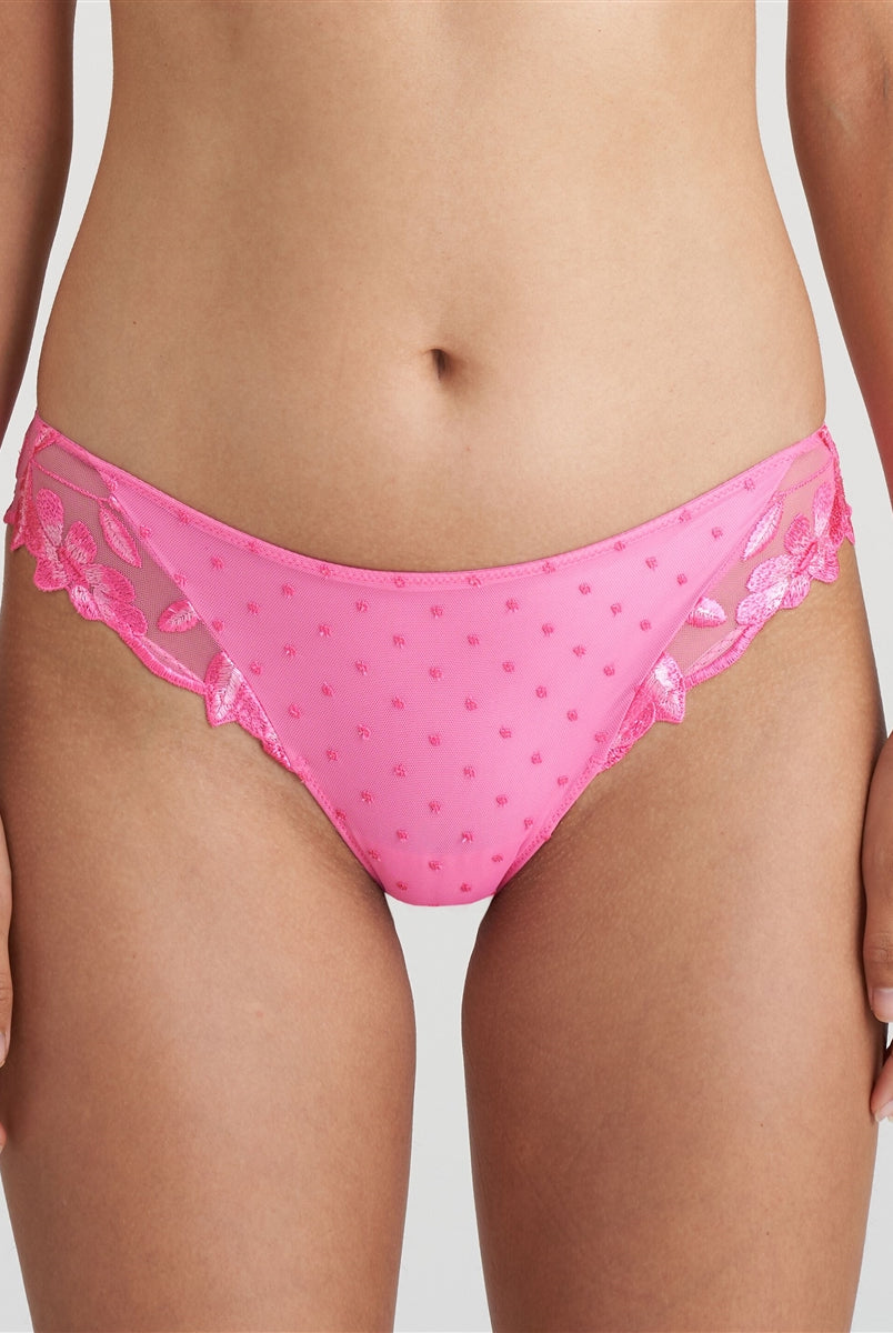 Pink bikini briefs with raised tulle dots and gorgeous floral embroidery.