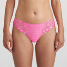 Pink feminine thong with rich floral embroidery and playful raised tulle dots.