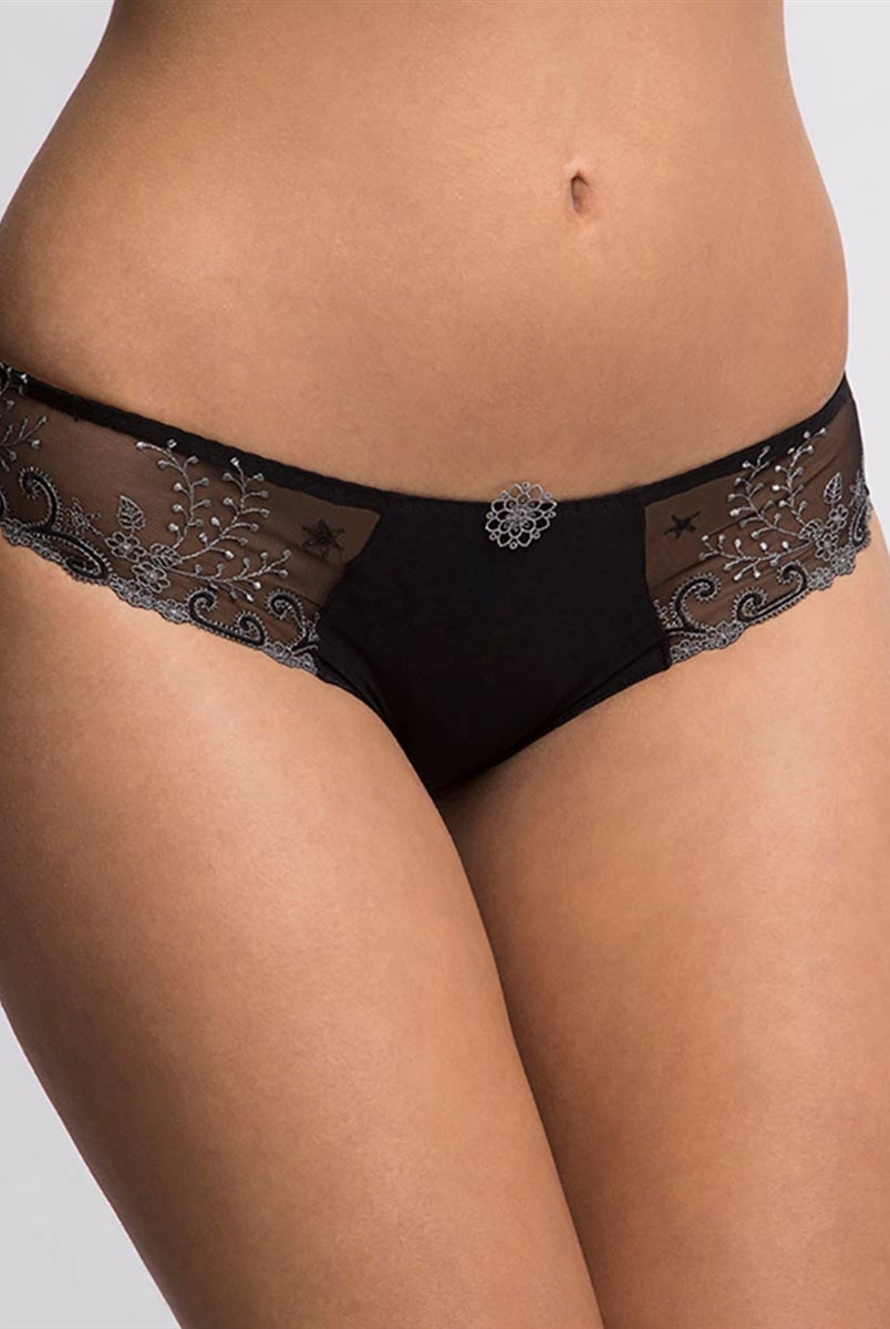 Black bikini brief featuring front and back in opaque and sides made of embroidery with an accent of guipure