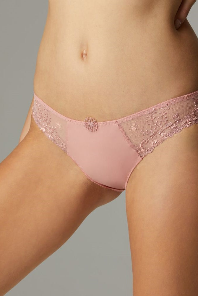 Rose peach bikini brief featuring front and back in opaque and sides made of embroidery with an accent of guipure