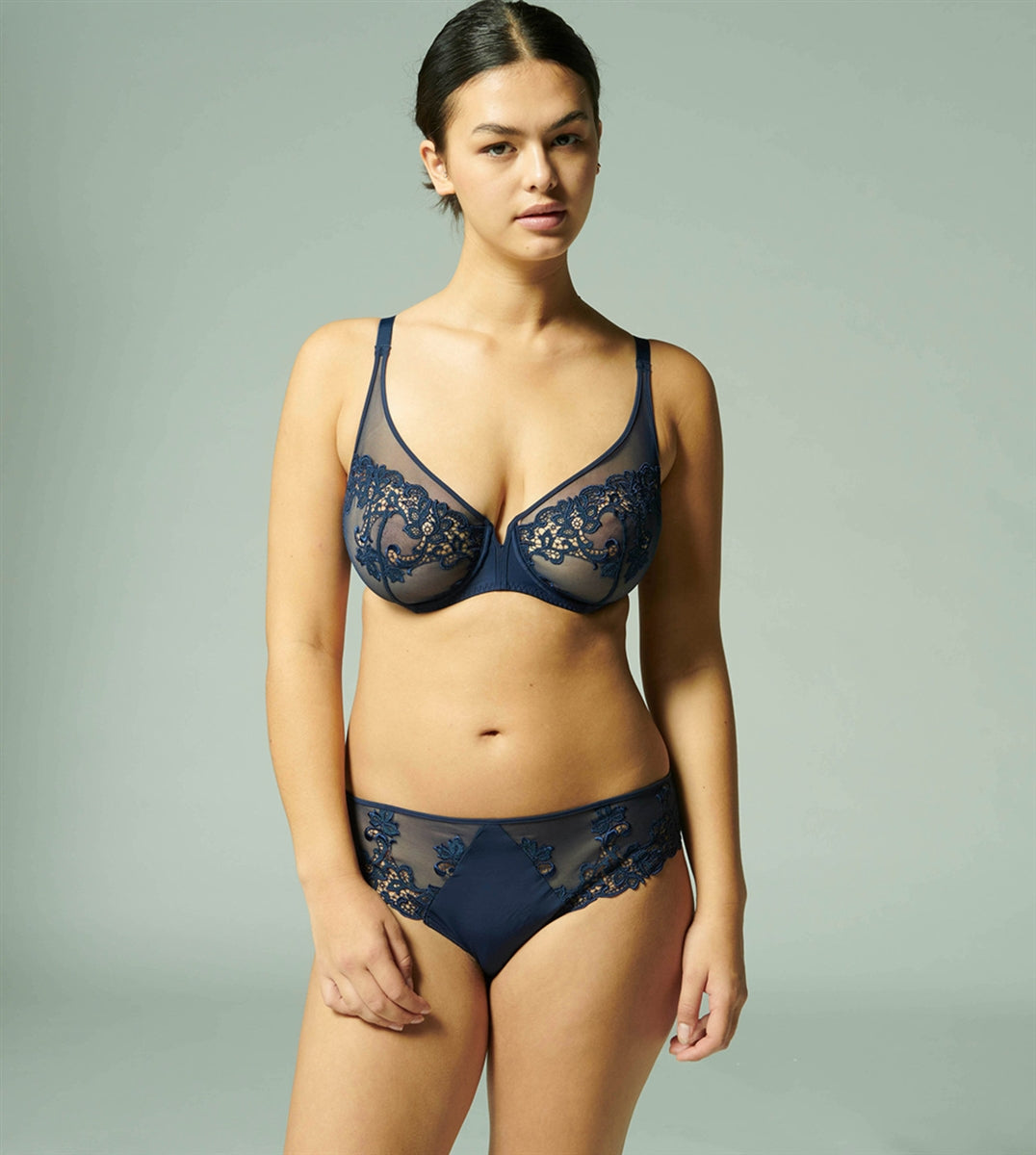 Blue Simone Perele briefs in guipure embroidery and knitted fabric. Opaque knitted fabric back with clean cut finishes for invisibility under clothing.