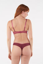 Tulle tanga brief with embroidered lace panels on side.