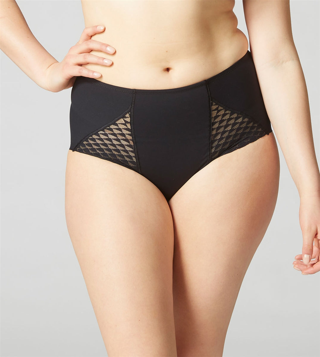 Black high waist control full brief with sculpting mesh and responsive French lace.