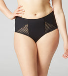 Black high waist control full brief with sculpting mesh and responsive French lace.