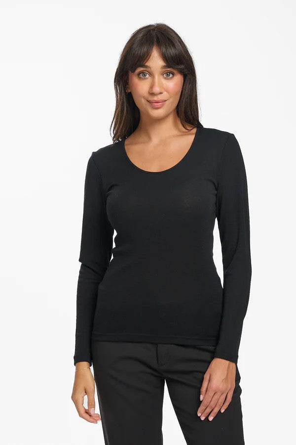 Baselayers Pure Wool Long Sleeve Top - Black - La Donna
