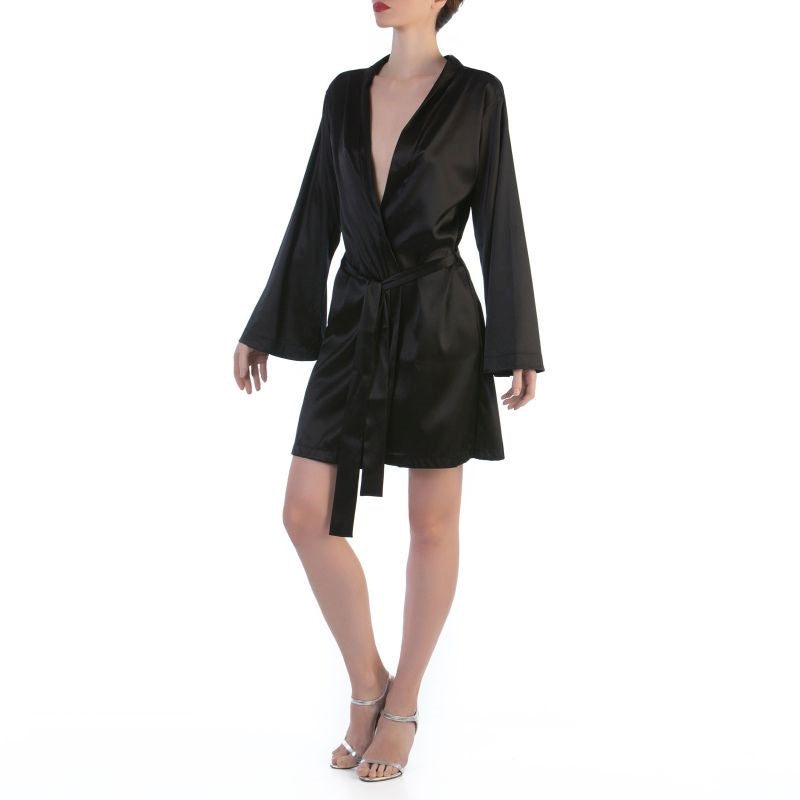 Black elegant kimono style robe made of pure silk