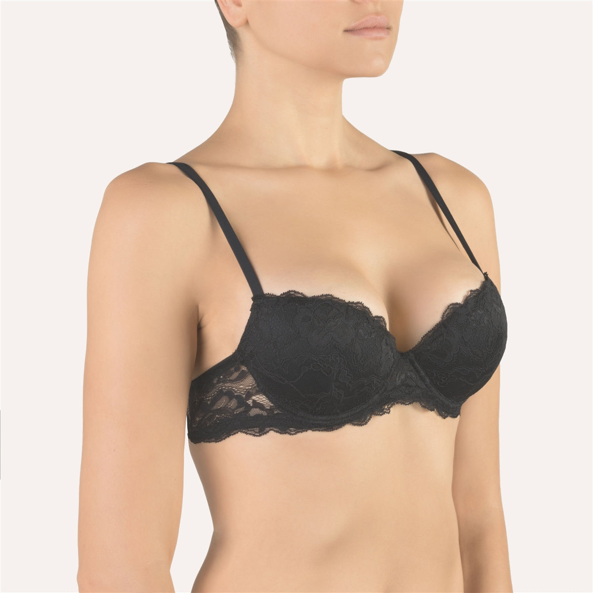 Padded black lace bra with underwire by luxury lingerie label Cotton Club, Made in Italy