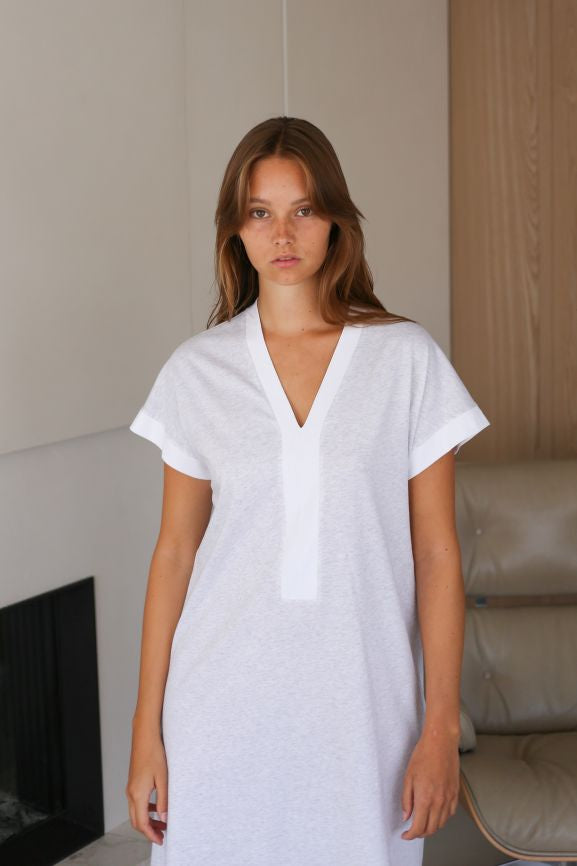 Cotton nightdress featuring cap sleeves and mid length in a gorgeous grey chine with white contrasts