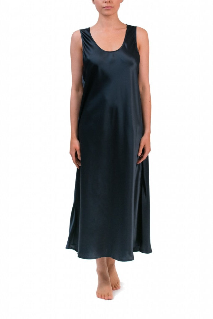 Beautiful navy premium quality long silk nightdress featuring a scoop neck and thick straps