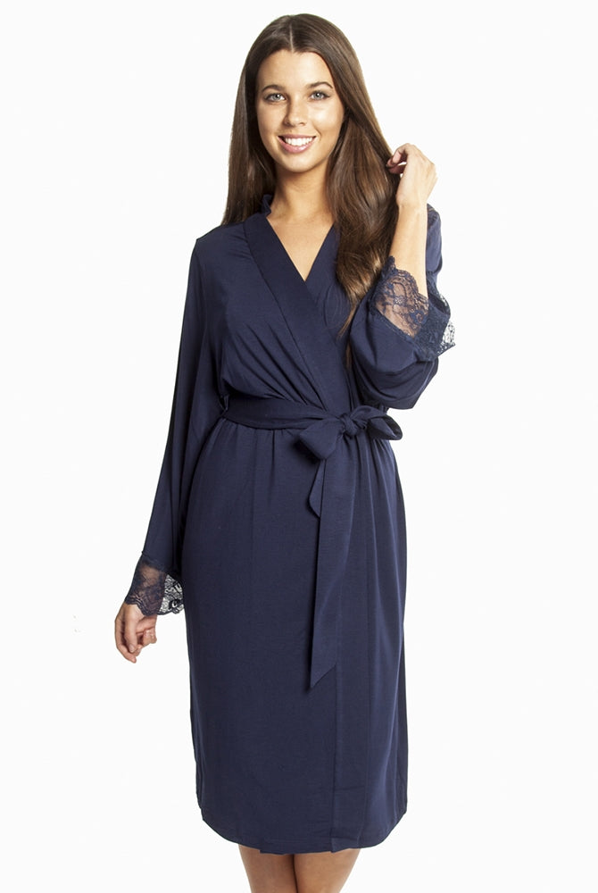 Navy Premium Modal Robe that is a long-sleeved, wrap-around style falling below knee-length and trimmed in floral lace applique