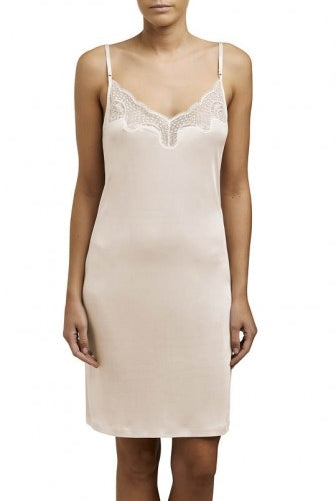Blush Silk Jersey slip with adjustable shoulder straps and lace detail on the neckline.
