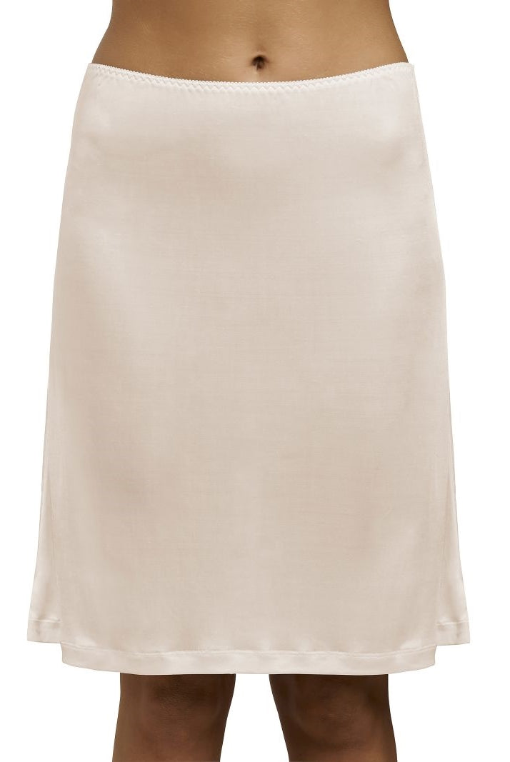 Blush silk jersey half slip that sits above the knees and is light and seamless and soft around the waist.