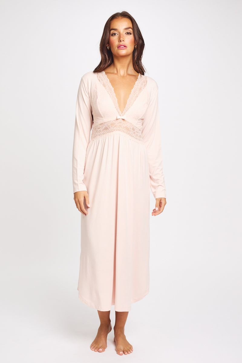 Soft premium modal long sleeve nightdress featuring a modal lined lace bust line that is flattering on all shapes