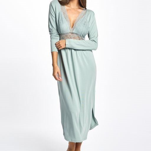 Soft premium modal long sleeve nightdress featuring a modal lined lace bust line that is flattering on all shapes