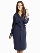 Navy Premium Modal Robe that is a long-sleeved, wrap-around style falling below knee-length and trimmed in floral lace applique