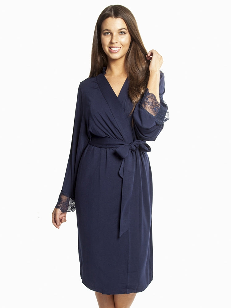 Navy Premium Modal Robe that is a long-sleeved, wrap-around style falling below knee-length and trimmed in floral lace applique