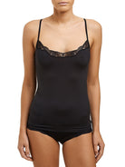 V-neck soft microfibre camisole with adjustable straps and trimmed with lace