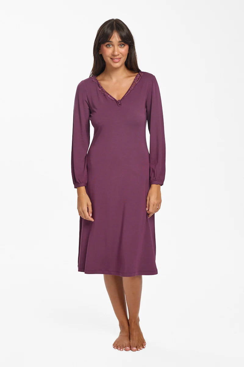 Love & Lustre La Femme Long Sleeve Modal Nightdress - Merlot - La Donna