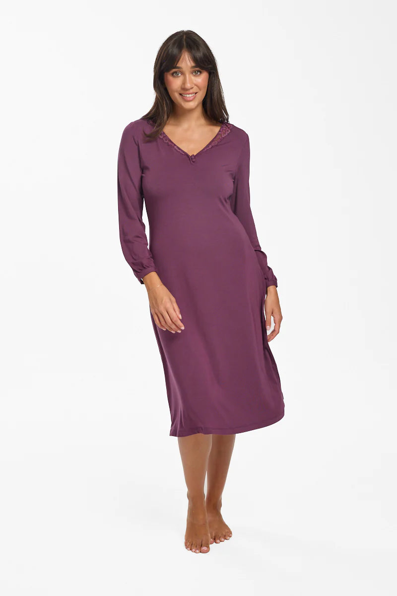Love & Lustre La Femme Long Sleeve Modal Nightdress - Merlot - La Donna