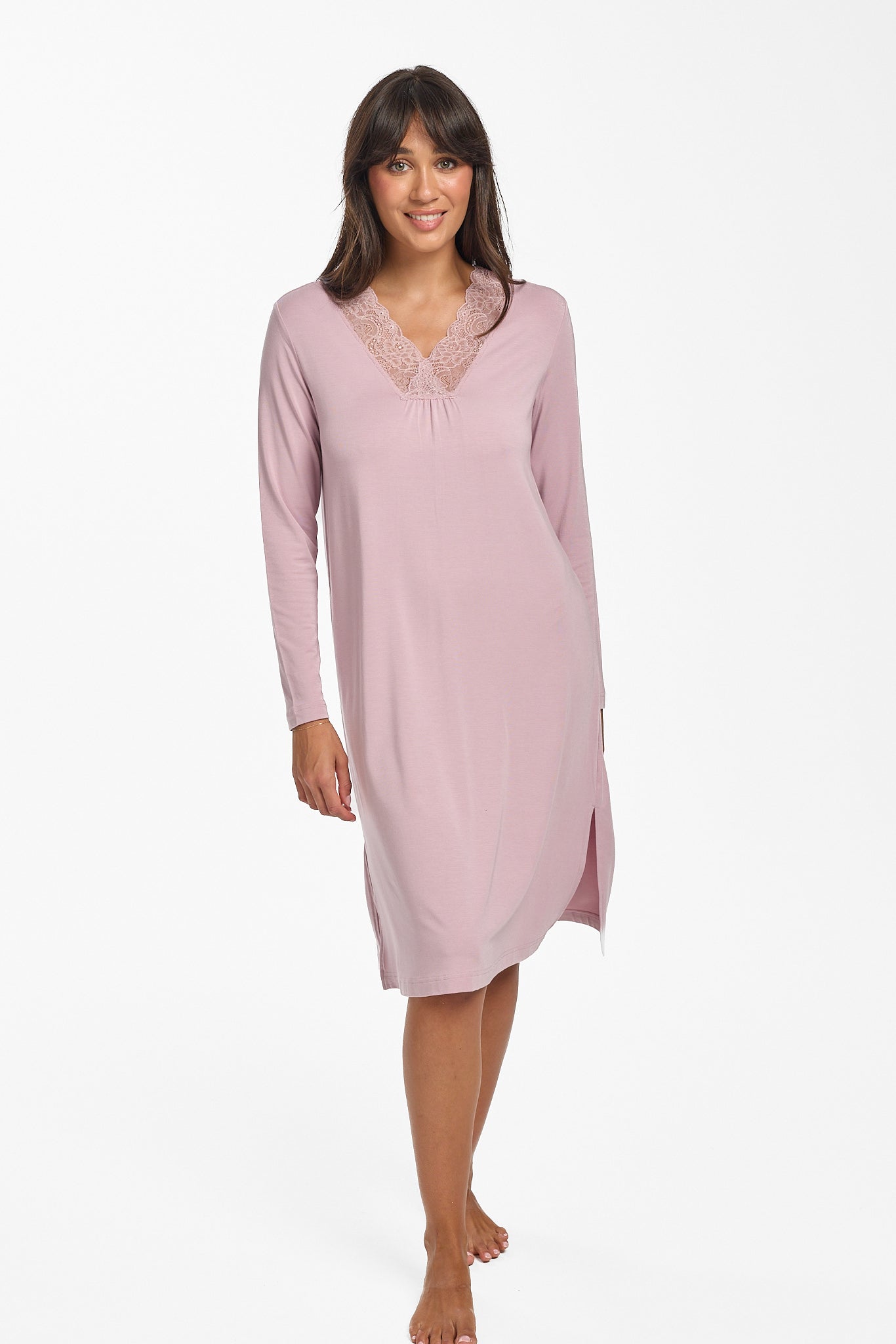 Love & Lustre Modal & Lace Long Sleeve Nightie - Crystal - La Donna