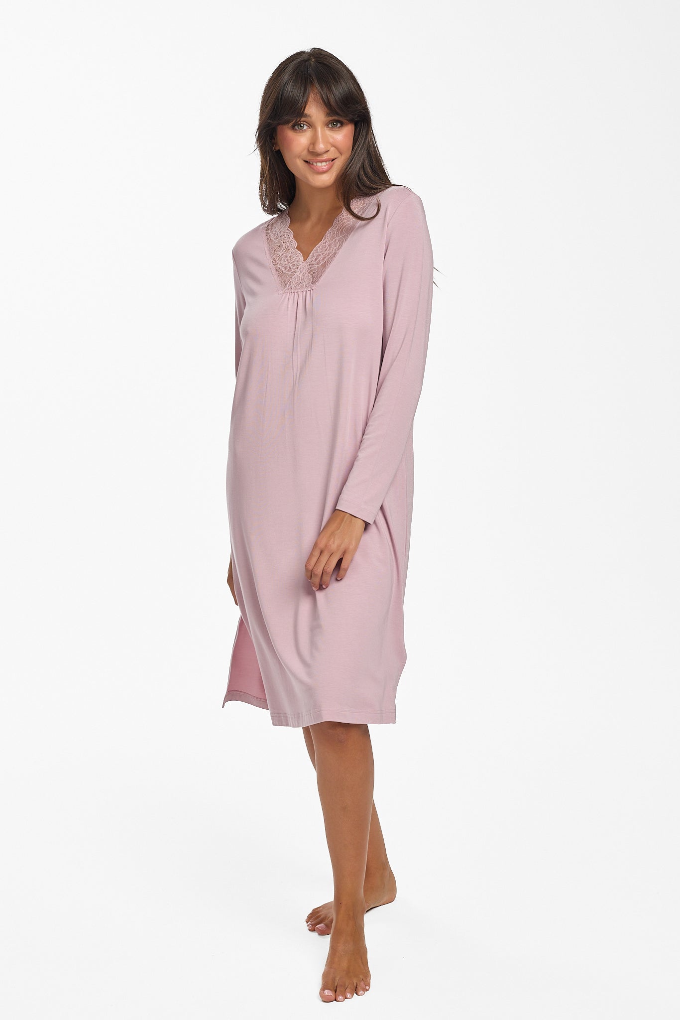 Love & Lustre Modal & Lace Long Sleeve Nightie - Crystal - La Donna