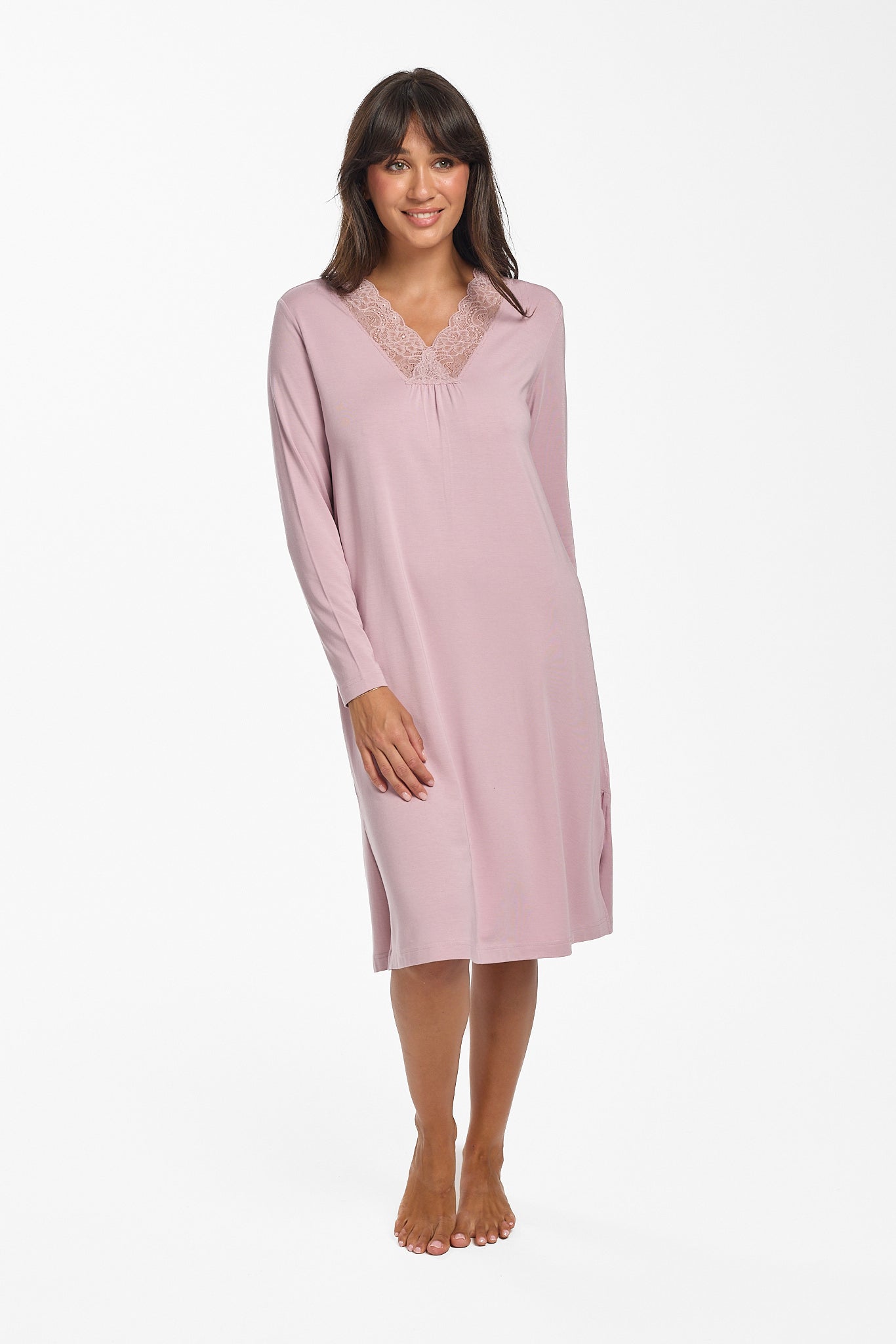 Love & Lustre Modal & Lace Long Sleeve Nightie - Crystal - La Donna