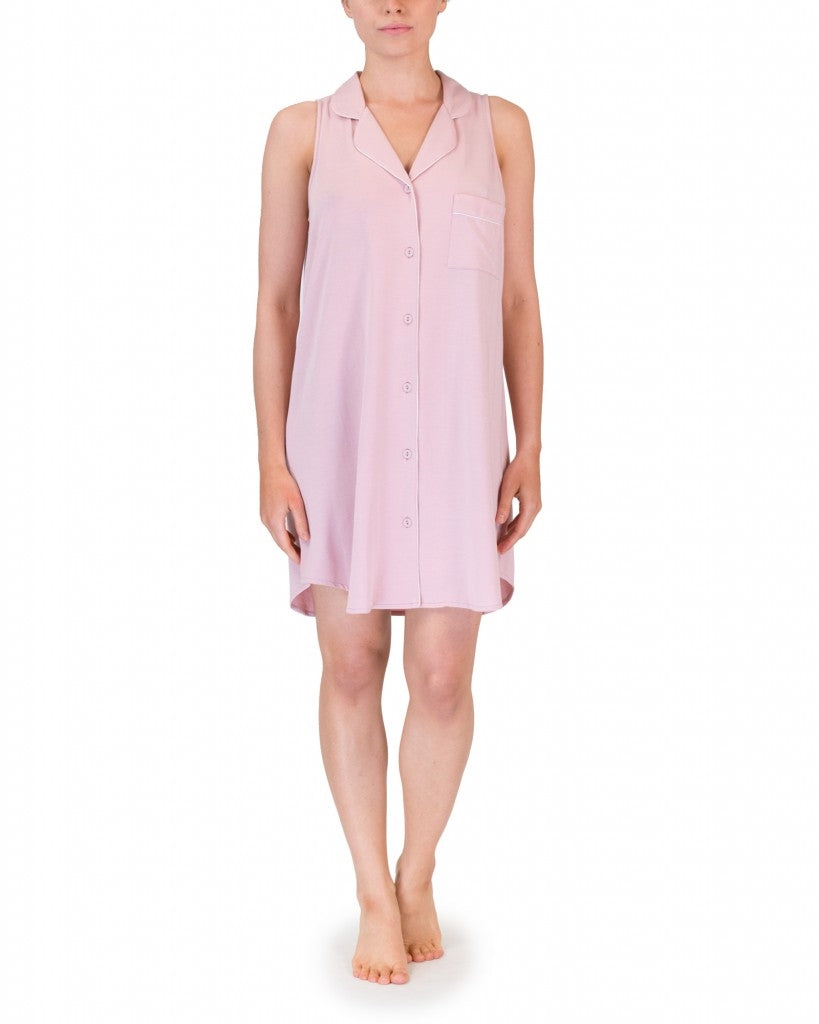 Pink modal sleeveless nightdress falling right to the mid-thigh with buttons all the way through on the front and collar detail