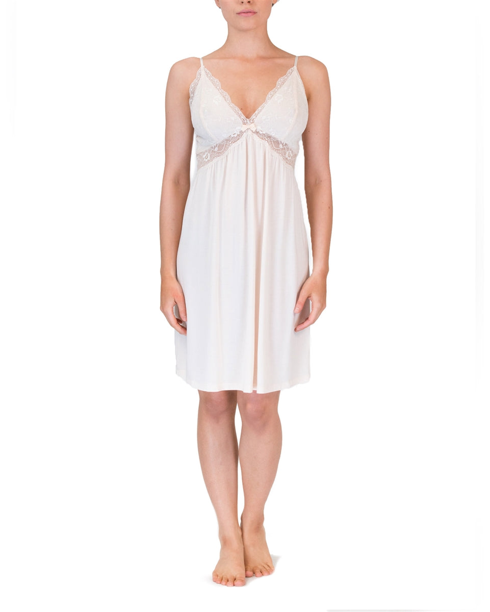 Cream premium modal short nightdress featuring a modal lined lace bust line that is flattering on all shapes, revealing a hint of skin through the lace both under the bust and back