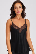 Black Silk camisole with adjustable shoulder straps and lace detail on the neckline