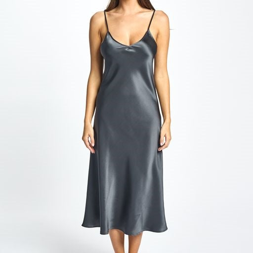 Love & Lustre Silk Chemise 3/4 Length - Monument - La Donna