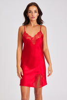 A beautiful red premium quality silk chemise that drapes over the figure gracefully featuring adjustable straps and a flattering v-shaped neckline adorned with beautiful tonal lace.