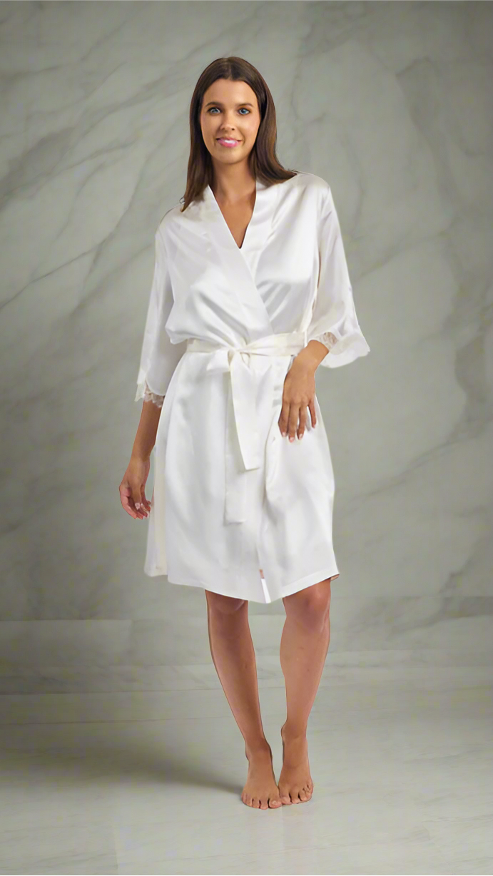 Love & Lustre Silk Robe with Lace - Ivory - La Donna