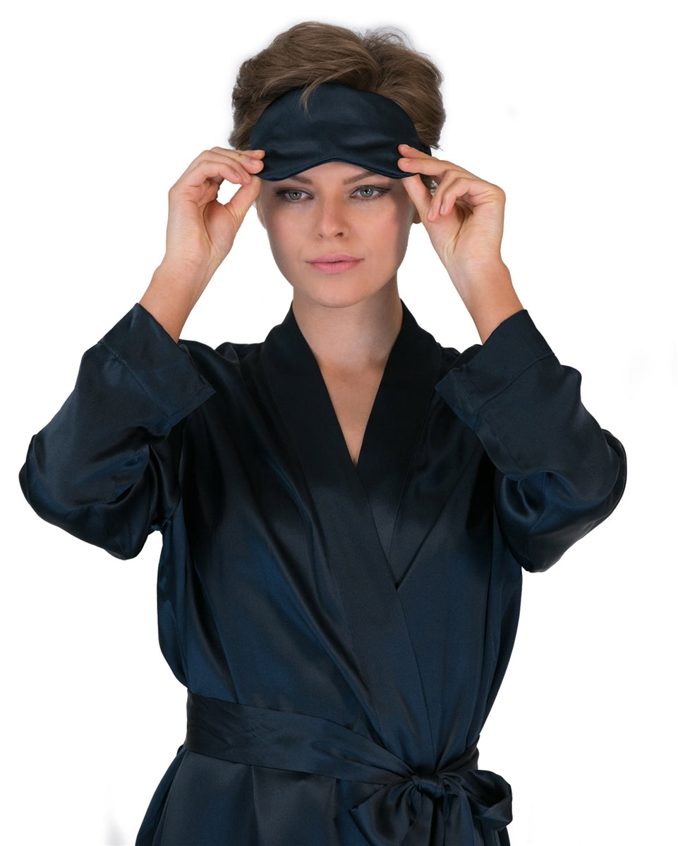 A beautiful premium quality silk sleep mask made with pure silk inner and silk outer fabric in a gorgeous navy colour