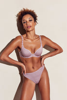 Soft sand padded bra featuring heart-shaped cups, underwire and multi-way straps with matching brief