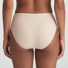 Back of neutral high-waisted briefs in checkered fabric and finished with a floral detail