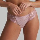 Vintage pink thong with opulent floral embroidery and cute dotted tulle