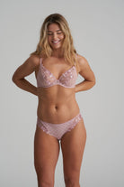 Embroidery and dotted tulle plunge bra in vintage pink with matching brief