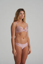 Embroidery and dotted tulle plunge bra in vintage pink with matching brief