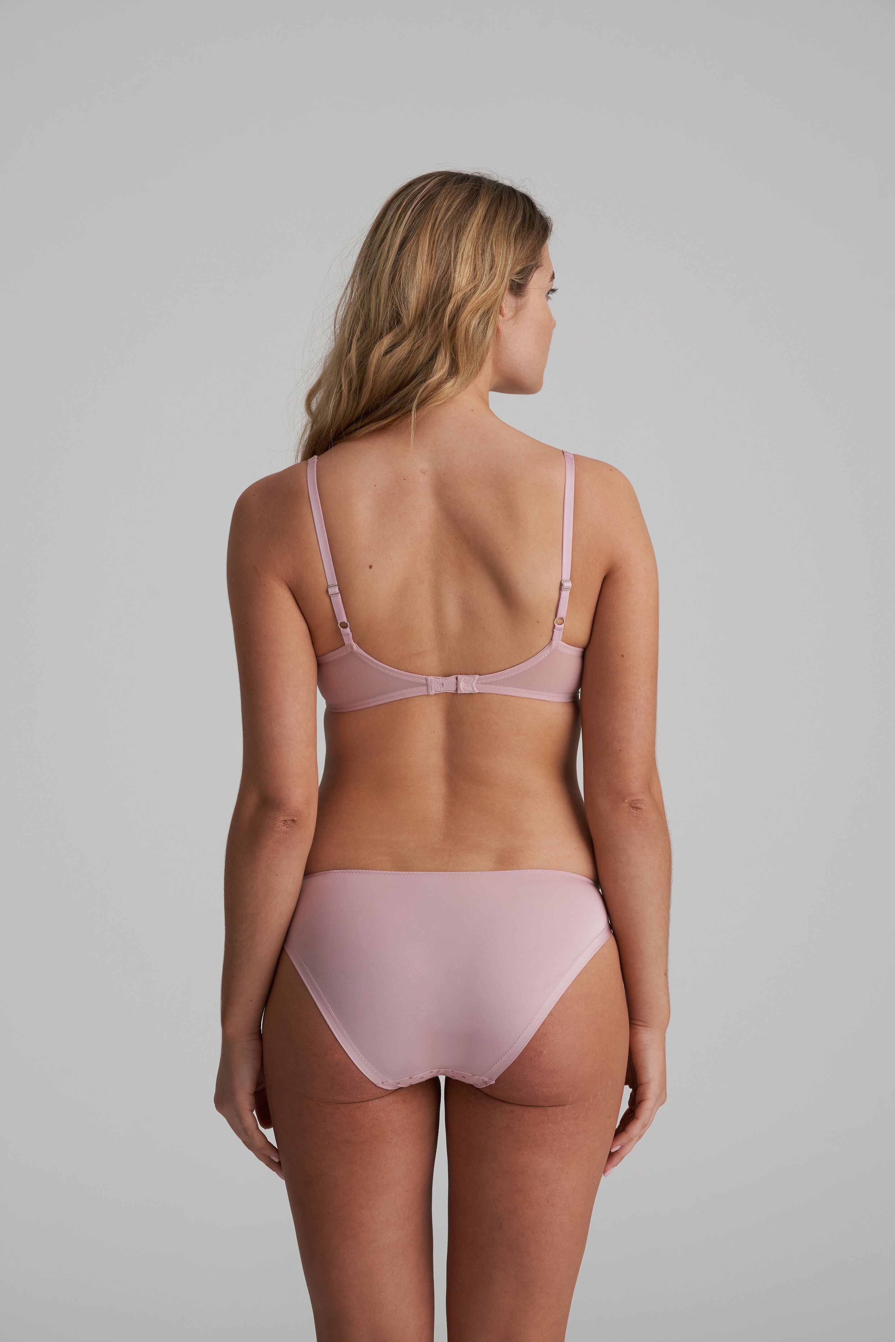 Back view of Rio briefs in vintage pink combine adorable dotted tulle with elegant floral embroidery and matching bra