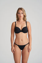 Black thong that is non transparent in front and features delicate floral embroidery soft waistband with matching bra.