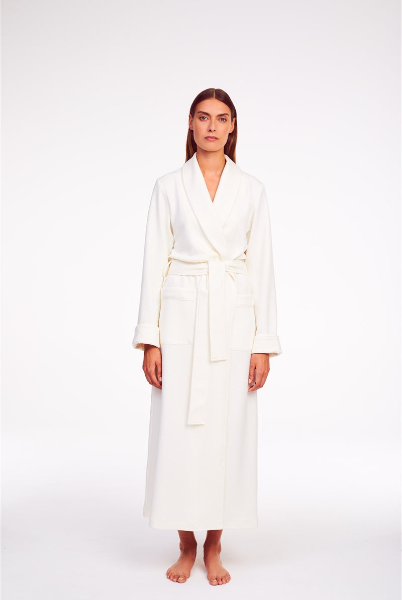 Ivory long-sleeved, wrap-around style robe made from lightweight cotton and modal fabrics.