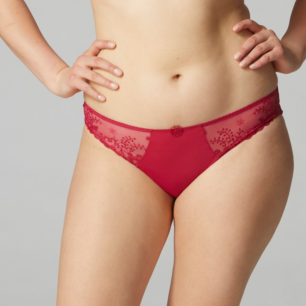 Cranberry red bikini brief featuring front and back in opaque and sides made of embroidery with an accent of guipure.