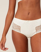 Ivory Lace Culotte featuring side lace detailing with a slight scalloped edge and bow on centre front