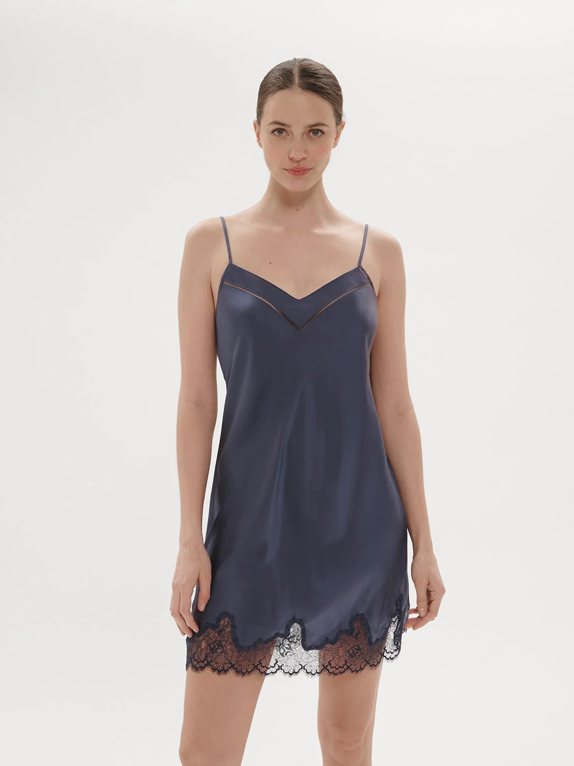 Simone Perele Nocturne Silk Chemise - Cinder Blue - La Donna