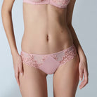 Pink Simone Perele briefs in guipure embroidery and knitted fabric. Opaque knitted fabric back with clean cut finishes for invisibility under clothing.