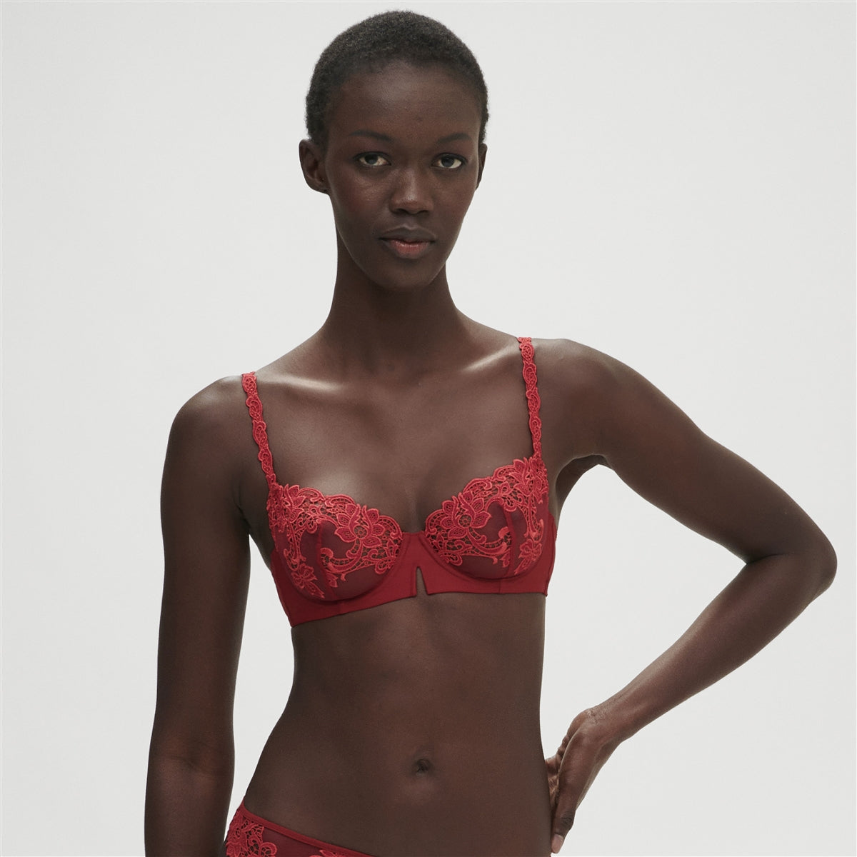 Stunning sheer half cup bra in a gorgeous lipstick red colour with lace and embroidery detail tulle cups