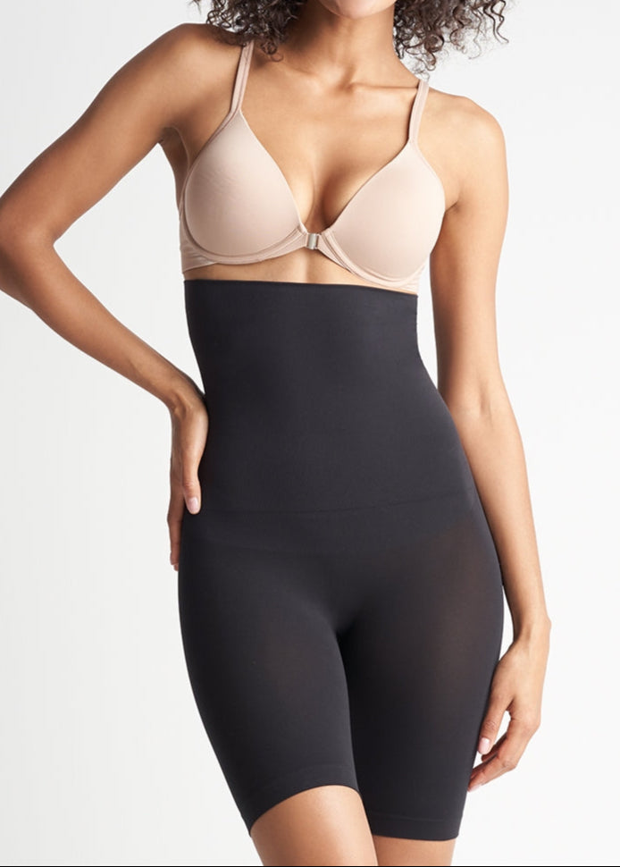 Black high waist thigh shaper that sits under the bra and has a comfortable side-seam free construction