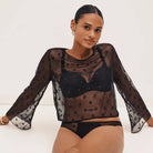 Woman wearing a sheer black long-sleeve top with a white background